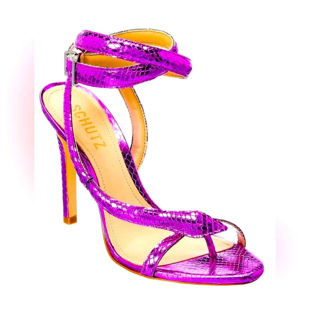 SCHUTZ Courtney High Couro Roxo Metallic Violet Embossed Sandals Shoes 7B